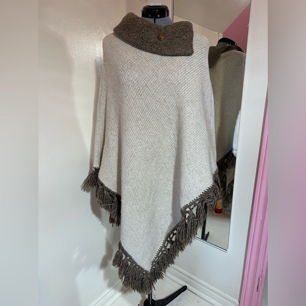 Cozy Two-Tone Fringe Poncho Sweater in Cream and Brown Handmade in Portugal